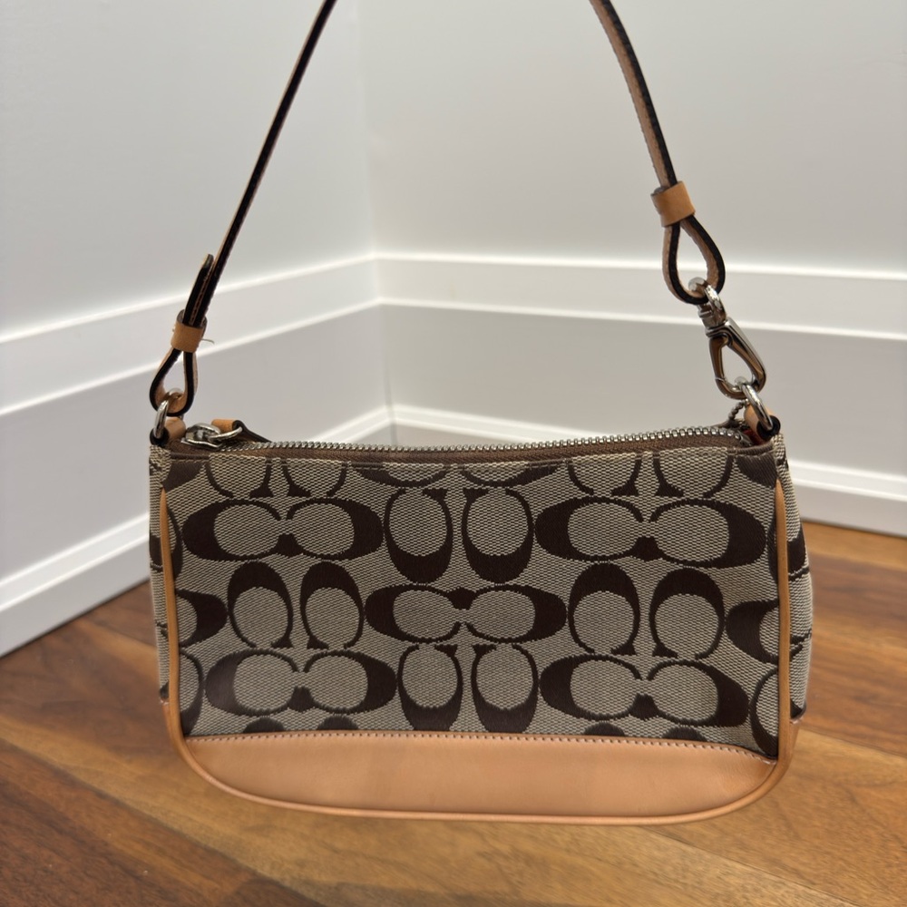 Coach Mini Signature Canvas Shoulder Bag in Brown and Tan Leather